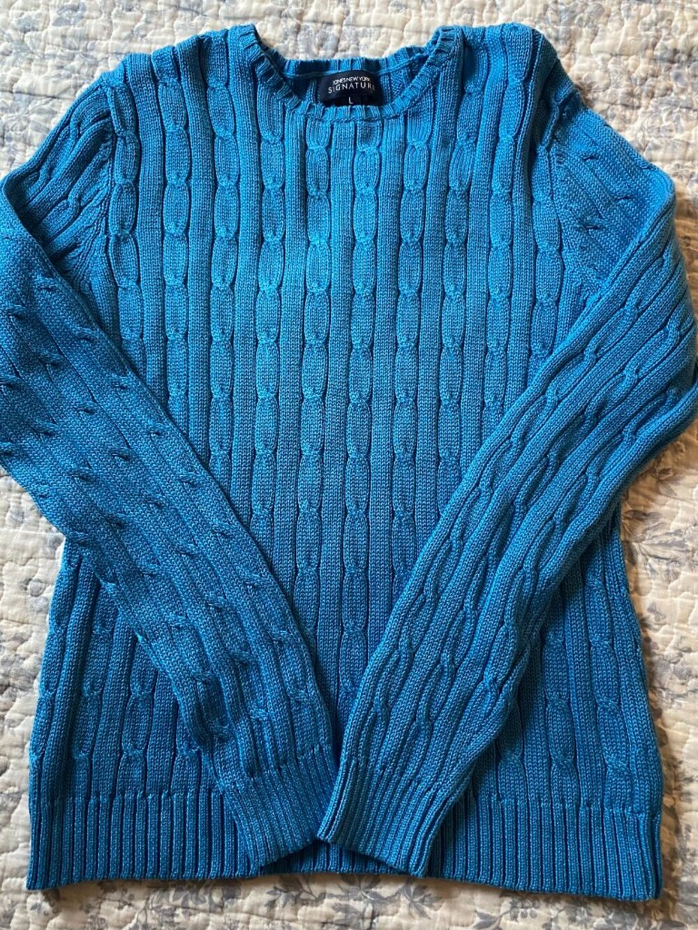Jones New York Signature Women's L Cable Knit Blue Pullover Sweater Crew Neck